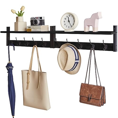 YMYNY Wandgarderobe Wandregal Hängeregal mit 10 Haken und Hängestange, 2er Set, stabil, für Flur, Schlafzimmer und Wohnzimmer, schwarz HWS004B-2 von YMYNY