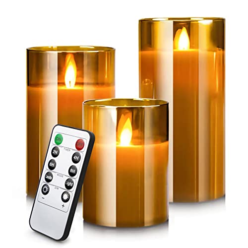 LED Flackernde Flamme Kerzen, Led Outdoor Kerzen mit Fernbedienung und Timer, Bewegliche Elektrische Echtwachskerzen im Glas,Teelichter kerzen 3er-Set für Xmas,Wohnzimmer Home Deko(4/5/6 inch,Gelb) von YMing