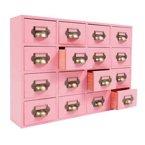 YNAADYH Apothekerschrank 16 Schubladen, Vintage Apothekerschrank Mit Schubladen,Apotheker Schrank Mit Schubladen Tischplatte Apotheker Kisten Und Schränke Bibliothek Karte Katalog Schrank (Rosa) von YNAADYH