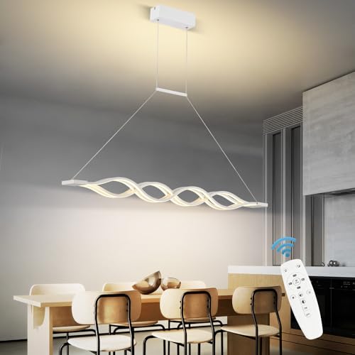 Esstischlampe Pendelleuchte, Modern LED Esszimmerlampe Wave Hängeleuchte Weiß Pendellampe Dimmbar mit Fernbedienung, Höhenverstellbar Hängelampe für Esszimmer Wohnzimmer Kücheninsel Büro (L120CM) von YNDD