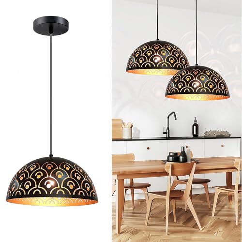 Hängelampe Esstisch Vintage E27, Pendellampe Schwarz Gold Höhenverstellbar Hängeleuchten & Pendelleuchten Rund Aushöhlen Retro Metall Esszimmerlampe Hängend Kronleuchter für Küche Restaurant Ø: 30cm von YNDD