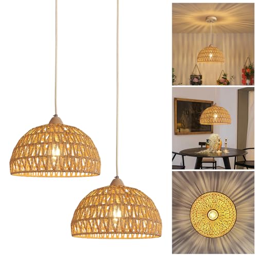 YNDD 2 Stücke Pendelleuchte Rattan, Boho Vintage Hängelampe, Rustikal Retro Hängeleuchte Geflochten Esstisch Pendellampe E27 Esszimmerlampe Hängend für Esszimmer Wohnzimmer Esszimmer Flur Küche Ø 30cm von YNDD
