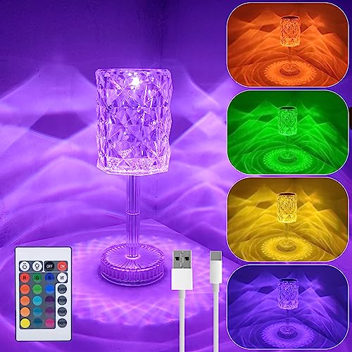 LED Kristall Tischlampe, Moderne Acryl Rose Diamant Tischleuchte Kabellos Touch Dimmbar mit Fernbedienung 16 Farben & 4 Modi, USB Aufladbar RGB Farbwechsel Nachttischlampe für Schlafzimmer Wohnzimme von YNDD