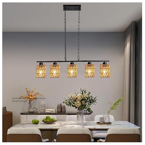 Pendelleuchte Rattan Schwarz 5 Flammige, Hängelampe Esstisch Boho HöHenverstellbar E27 Rustikal Retro Hängeleuchte Esstischlampe Hängend Vintage Metall für Küghe Esszimmer Wohnzimmer Bar Restaurant von YNDD