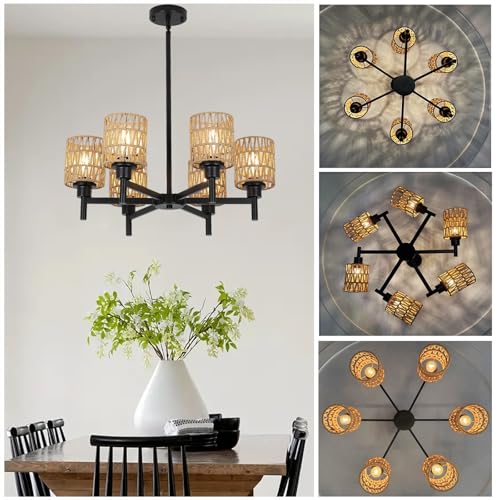 Hängelampe Rattan Groß, Kronleuchter Vintage Landhaus Ø 63cm Boho Küchenlampe Hängend Höhenverstellbar E27 Pendelleuchte Schwarz 6 flammig Rustikale Retro Esszimmerlampe für Küche Esstisch Wohnzimmer von YNDD
