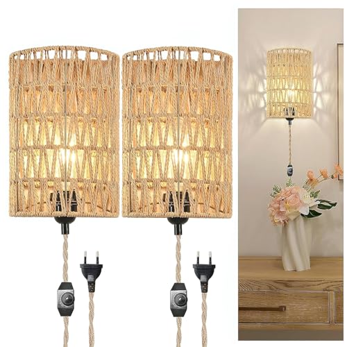 YNDD Wandleuchte Innen Rattan, Boho Hanfseil Wandlampe mit Schalter Dimmbar & Stecker, Rustikal Vintage Wandlicht mit 2.5M Kabel, Retro E27 Wandstrahler für Schlafzimmer Treppenhaus Korridor, 2 Stück von YNDD