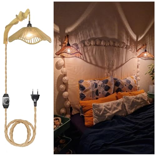 2er Set Wandleuchte Rattan Boho mit Stecker und Schalter, Dimmbar Wandlampe Innen Holz Rustikal mit 3M Kabel E27 Vintage Hanfseil Wandlicht Retro Nachttischlampe Wand für Schlafzimmer Wohnzimmer Flur von YNDD