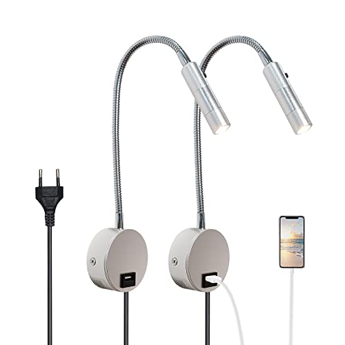 YNDD 2 Stück Leselampe Wandmontage mit Stecker, 230V Wand Bettlampe mit USB Ladeanschluss und Aluminium-Schwanenhals, 3W LED Wandleselampe für Schlafzimmer, Bett, Silber, 3000K Warmweiß von YNDD