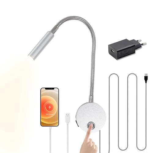 Leselampe Bett Wandmontage Dimmbar LED Bettlampe Wand mit Stecker, USB-Ladeanschluss, Touch Schalter, 230V Aluminium Flexible Schwanenhals Bettleuchte mit Kabel, Wandleuchte für Schlafzimmer, Silber von YNDD