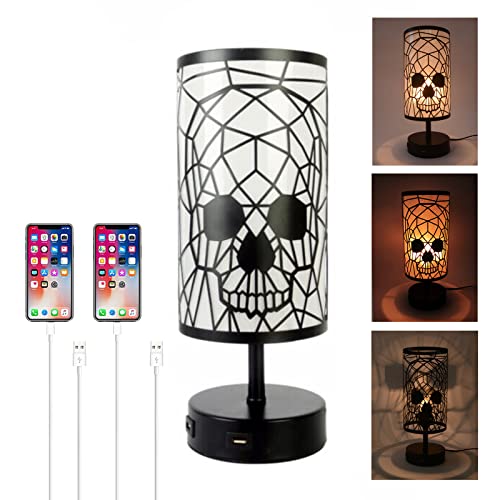 YNDD Totenkopf Lampe, Schädel Deko Skelett Nachttischlampe Touch Dimmbar, Schwarz Vintage Tischlampe, 2 USB Anschluss, 3 Helligkeit, Retro E27 Tischleuchte aus Metall für Halloween Deko, Schlafzimmer von YNDD