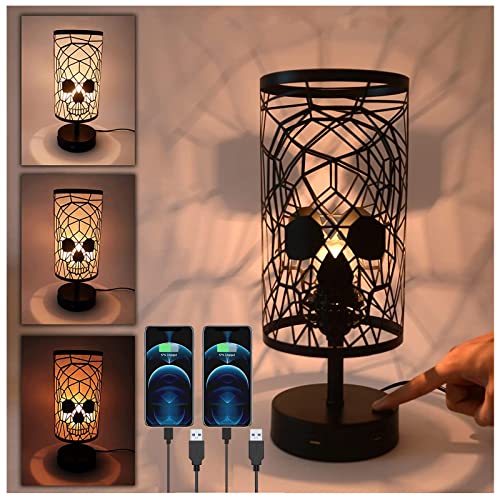 Nachttischlampe Touch Dimmbar mit Kabel, Tischleuchte Metall Schwarz Vintage E27 mit 2 USB Anschluss & 3 Helligkeit Totenkopf Lampe Tisch Goth Skull Halloween Schädel Tischlampe für Schlafzimmer von YNDD