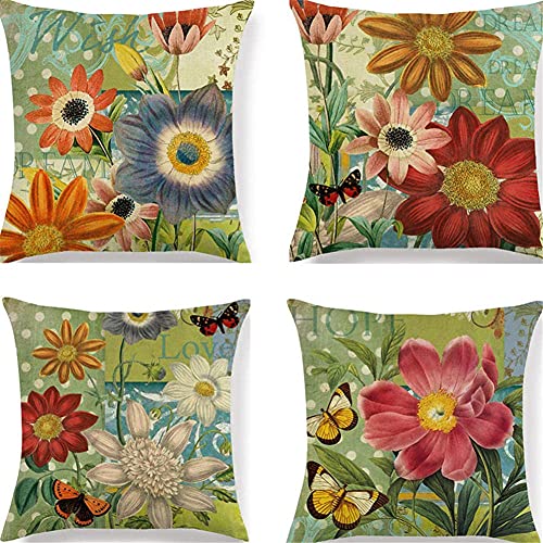 4 Stück Kissenhülle 35x35cm Kissenbezuge Grüne Rote Blumen Quadratischer mit Verstecktem Reißverschluss Doppelseitiger Druck Samt Sofakissen Kissenbezug Outdoor Home Sofa Auto Bed Decor von YNGBAAO