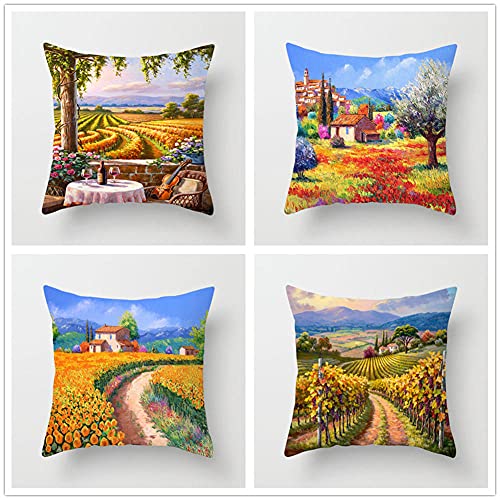 4 Stück Kissenhülle 40x40cm Kissenbezuge Ländliche Landschaft Quadratischer mit Verstecktem Reißverschluss Doppelseitiger Druck Baumwolle Leinen Sofakissen Kissenbezug Outdoor Home Sofa Auto Bed Decor von YNGBAAO