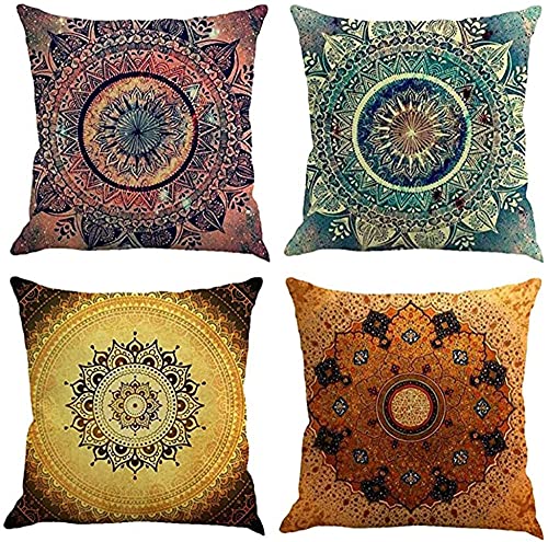 4 Stück Kissenhülle 65x65cm Kissenbezuge Mandala Blume Quadratischer mit Verstecktem Reißverschluss Doppelseitiger Druck Baumwolle Leinen Sofakissen Kissenbezug Outdoor Home Sofa Auto Bed Decor von YNGBAAO