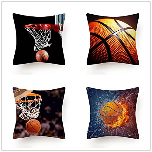 Kissenbezug 35x35cm 4er Set,Quadratischer Baumwolle Leinen Dekokissen mit Verstecktem Reißverschluss Doppelseitiger Druck Cartoon Basketball Zierkissenbezüge für Sofa Auto Outdoor Schlafzimmer von YNGBAAO