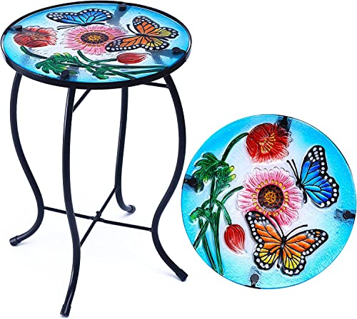 YNGFIL Butterfly Terrassen-Beistelltisch, kleiner Terrassen-Beistelltisch, Pflanztisch, Metall-Glas-Beistelltisch für Veranda, Garten, Hof, Pool. von YNGFIL