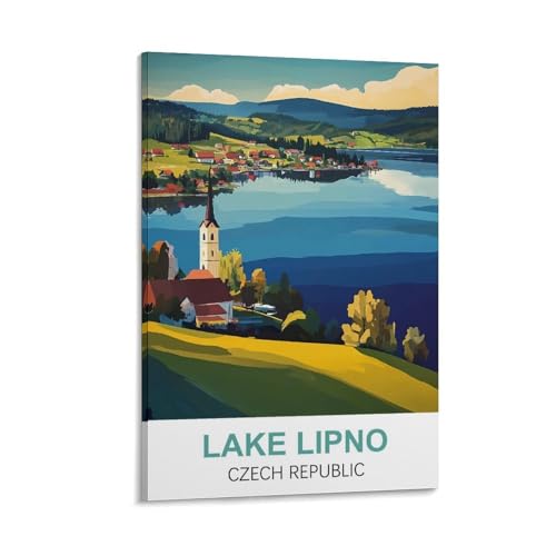 YNIEILUU Lake Lipno Tschechische Republik, Vintage-Reiseposter, 50 x 75 cm, Leinwand-Kunstdruck, Gemälde, Bilder, Wandkunstdrucke von YNIEILUU