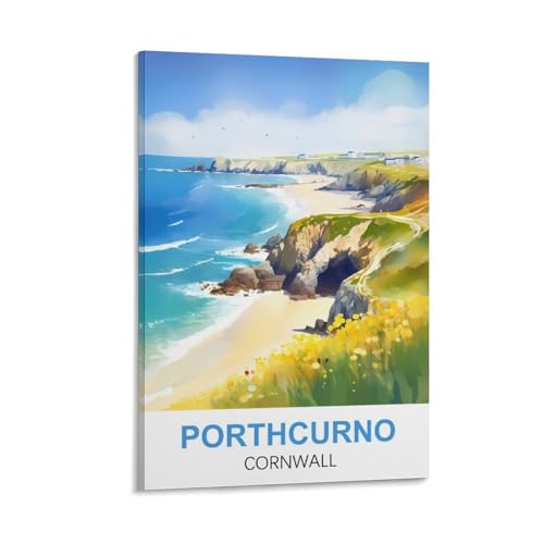 YNIEILUU Porthcurno Cornwall Vintage-Reiseposter, 50 x 75 cm, Leinwand-Kunst, Gemälde, Bilder, Wandkunstdrucke von YNIEILUU