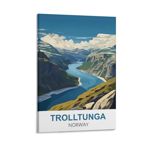 YNIEILUU Trolltunga Norwegen Vintage-Reiseposter, 50 x 75 cm, Leinwand-Kunst, Gemälde, Bilder, Wandkunstdrucke von YNIEILUU