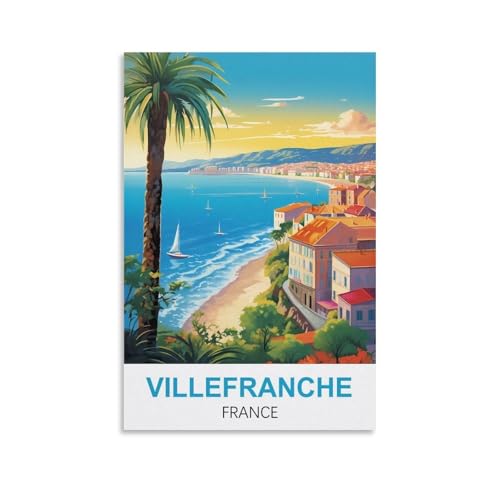 YNIEILUU Villefranche Vintage-Reiseposter, Frankreich, 30 x 45 cm, Leinwand-Kunst, Gemälde, Bilder, Wandkunstdrucke von YNIEILUU