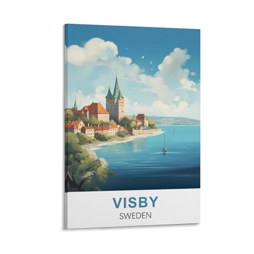 YNIEILUU Visby Sweden Vintage-Reiseposter, 50 x 75 cm, Leinwand-Kunst, Gemälde, Bilder, Wandkunstdrucke von YNIEILUU