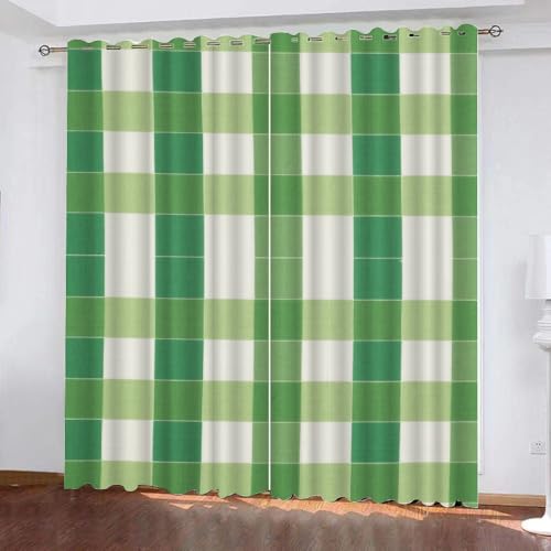 Geometrisches Gitter Verdunkelungsvorhänge,Grün-weißes Buffalo-Karomuster Schlafzimmer Gardinen,Landschaftsraster Thermoisolierung Raumverdunkelung,Geometrie Fenster Vorhänge B 100 x H 160cm 2 Paneele von YNIOFU