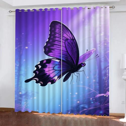 Mädchen Schmetterling Schlafzimmer Gardinen, Lila Blumen für Kinder Blackout Vorhang,Blumen Bedruckt Schiebevorhänge, Traumschmetterling Blickdicht Verdunkelungsvorhänge B 60 x H 140cm 2 Paneele von YNIOFU