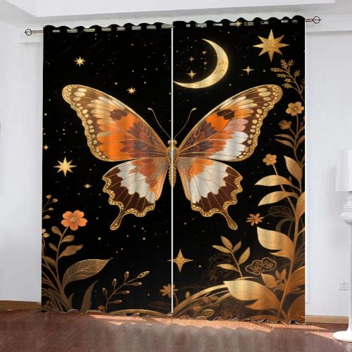 Motte Schmetterling Verdunkelungsvorhänge, Mondphase Blickdicht Schiebevorhänge, Schwarze Mondnacht Isoliert Vorhänge, Böhmischer Sternenhimmel Ösen Schlafzimmer Gardinen B 117 x H 230cm 2 Paneele von YNIOFU