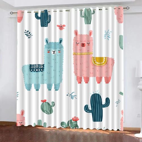 YNIOFU Alpaka Verdunkelungsvorhänge, Cartoon-Alpaka Schlafzimmer Gardinen, Tier Blickdicht Bedruckte Ösen Gardinen,Blumen Kinderzimmer Vorhänge B 70 x H 160cm 2 Paneele von YNIOFU