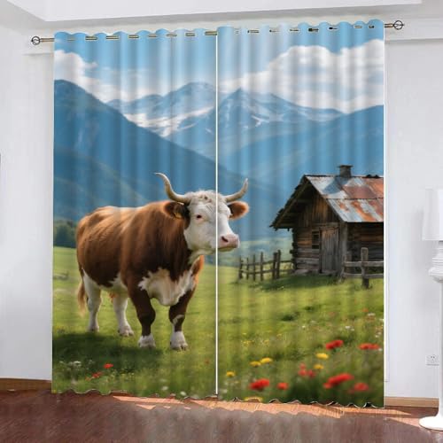 YNIOFU Bauernhofkühe Schlafzimmer Gardinen, Tiere auf dem Land Verdunkelungsvorhang, süße Kuh Blickdichte Schiebevorhänge, Wilder Westen Thermo Isoliert vorhänge B 132 x H 214cm 2 Paneele von YNIOFU