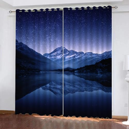 YNIOFU Bergblick Wohnzimmer Verdunkelungsvorhänge, Kinder Sternenhimmel Schlafzimmer Vorhang Blickdicht, leuchtender Sternenhimmel Ösen Schiebevorhänge, Landschaft Gardinen B 107 x H 214cm 2 Paneele von YNIOFU