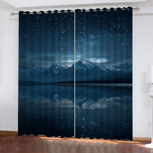 YNIOFU Bergblick Wohnzimmer Verdunkelungsvorhänge, Kinder Sternenhimmel Schlafzimmer Vorhang Blickdicht, leuchtender Sternenhimmel Ösen Schiebevorhänge, Landschaft Gardinen B 107 x H 214cm 2 Paneele von YNIOFU