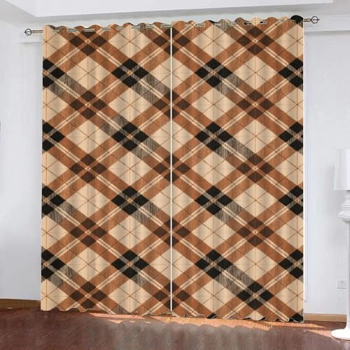 YNIOFU Braun kariert Blickdichte Vorhänge, Modernes Plaid Wohnzimmer Schiebevorhänge, Geometrie Kinderzimmer Vorhänge, Retro-Linien Ösen Verdunkelungsvorhänge B 140 x H 220cm 2 Paneele von YNIOFU