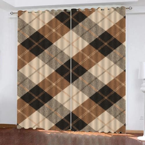 YNIOFU Braun kariert Wohnzimmer Verdunkelungsvorhänge, Modernes Plaid Schlafzimmer Vorhang Blickdicht, Geometrie Ösen Schiebevorhänge, Retro-Linien Gardinen B 107 x H 214cm 2 Paneele von YNIOFU