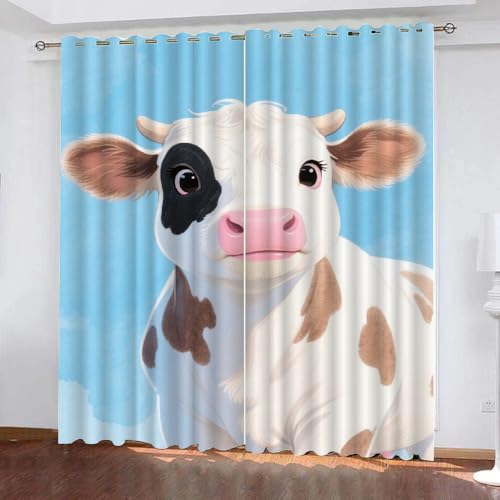 YNIOFU Cartoon-Kuh Schlafzimmer Gardinen, Hochlandrinder Blackout Vorhang,Western-Nutztiere Bedruckt Schiebevorhänge, Blau Blickdicht Verdunkelungsvorhänge B 60 x H 140cm 2 Paneele von YNIOFU