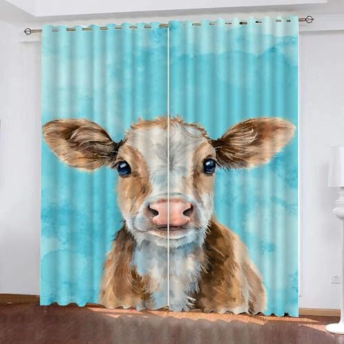 YNIOFU Cartoon-Kuh Wohnzimmer Verdunkelungsvorhänge, Hochlandrinder Schlafzimmer Vorhang Blickdicht, Western-Nutztiere Ösen Schiebevorhänge, Blau Gardinen B 107 x H 214cm 2 Paneele von YNIOFU
