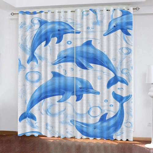 YNIOFU Delphin Blickdichte Vorhänge, Cartoon-Meerestiere Wohnzimmer Schiebevorhänge, Delphin Kinderzimmer Vorhänge, Unterwasserwelt für Kinder Ösen Verdunkelungsvorhänge B 140 x H 220cm 2 Paneele von YNIOFU