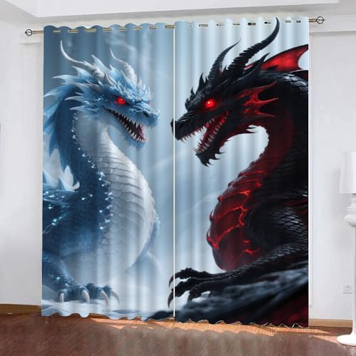 YNIOFU Drachen Verdunkelungsvorhänge, Drachen Mittelalter Schlafzimmer Gardinen,Fantasie und Magie Thermoisolierung Raumverdunkelung, Tier Fenster Vorhänge B 100 x H 160cm 2 Paneele von YNIOFU