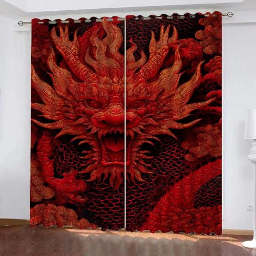 YNIOFU Drachen Verdunklungsvorhänge, Drachenschuppe für Kinder Wohnzimmer Schiebevorhänge, Schwarz und Rot Schlafzimmer Gardinen, Chinesischer Drache Blickdicht Vorhänge B 132 x H 160cm 2 Paneele von YNIOFU