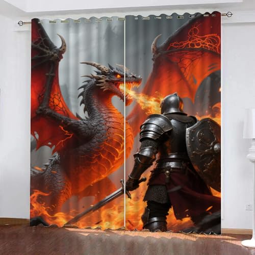 YNIOFU Drachenreiter Verdunkelungsvorhänge, Mittelalter Schlafzimmer Fenster Behandlungen, Drachenform Schiebevorhänge, Fantasietiere Thermo Isoliert Gardinen B 96 x H 183cm 2 Paneele von YNIOFU