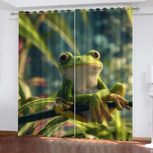YNIOFU Frosch Wohnzimmer Vorhänge, Tropische Amphibien Schlafzimmer Verdunkelungsvorhänge, 3D Tiere Isoliert Schiebevorhänge, Wald Ösen Gardine B 132 x H 240cm 2 Paneele von YNIOFU