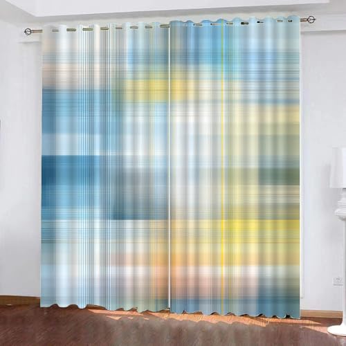 YNIOFU Gitter Schlafzimmer Gardinen, Gitter Blackout Vorhang,Blau und gelb kariert Bedruckt Schiebevorhänge, Farbblock mit Farbverlaufslinie Blickdicht Verdunkelungsvorhänge B 60 x H 140cm 2 Paneele von YNIOFU