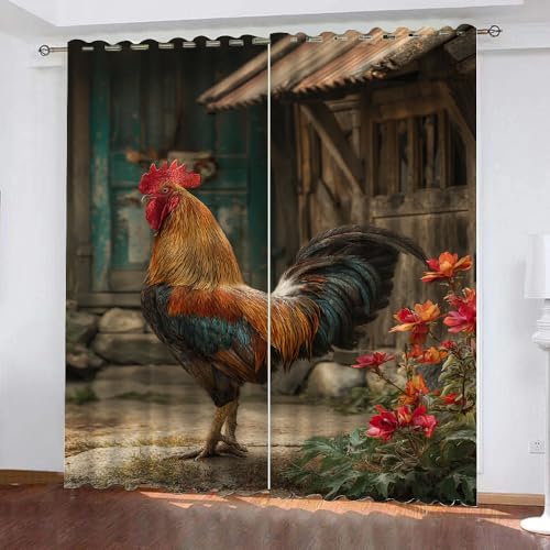 YNIOFU Hahn Schlafzimmer Curtains, Küken Verdunkelungsvorhänge, Kinderlandhaus Wohnzimmer Ösen Gardinen, Nutztiere Blickdicht Gardinen B 132 x H 183cm 2 Paneele von YNIOFU