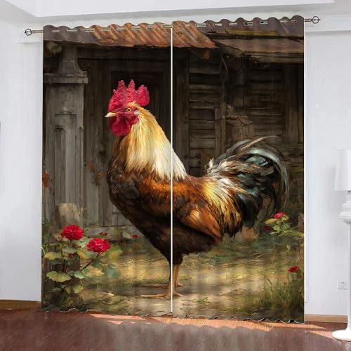 YNIOFU Hahn Wohnzimmer Verdunkelungsvorhänge, Küken Schlafzimmer Vorhang Blickdicht, Kinderlandhaus Ösen Schiebevorhänge, Nutztiere Gardinen B 107 x H 214cm 2 Paneele von YNIOFU