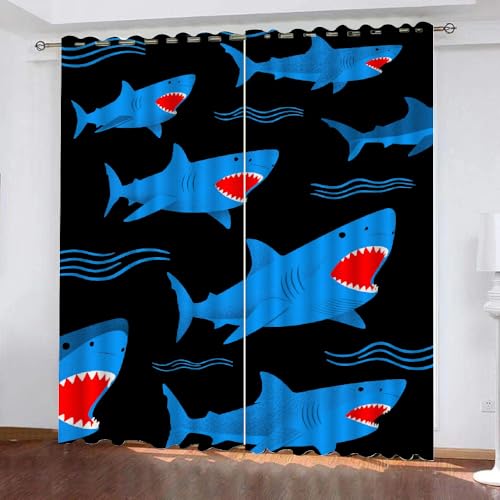 YNIOFU Hai Schlafzimmer Gardinen, Cartoon-Hai für Kinder Blackout Vorhang,Interessante Meerestiere Bedruckt Schiebevorhänge, Schwarz Blickdicht Verdunkelungsvorhänge B 60 x H 140cm 2 Paneele von YNIOFU