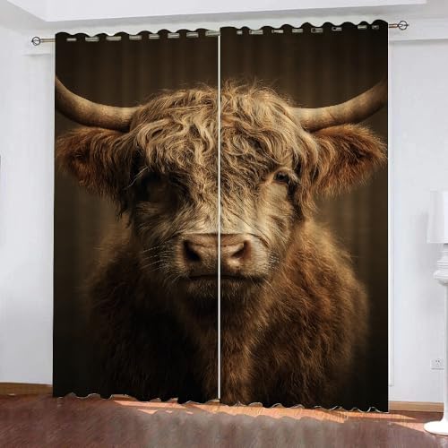 YNIOFU Hochlandrinder Schlafzimmer Gardinen, Bauernhaus Kuh Blackout Vorhang,Westliche Tiere Bedruckt Schiebevorhänge, Bauernhof Blickdicht Verdunkelungsvorhänge B 60 x H 140cm 2 Paneele von YNIOFU