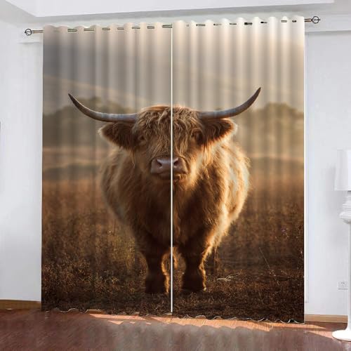 YNIOFU Hochlandrinder Schlafzimmer Gardinen, Bauernhof Kuh Blackout Vorhang,Hochlandrinder Bedruckt Schiebevorhänge, Bauernhoftiere Blickdicht Verdunkelungsvorhänge B 60 x H 140cm 2 Paneele von YNIOFU