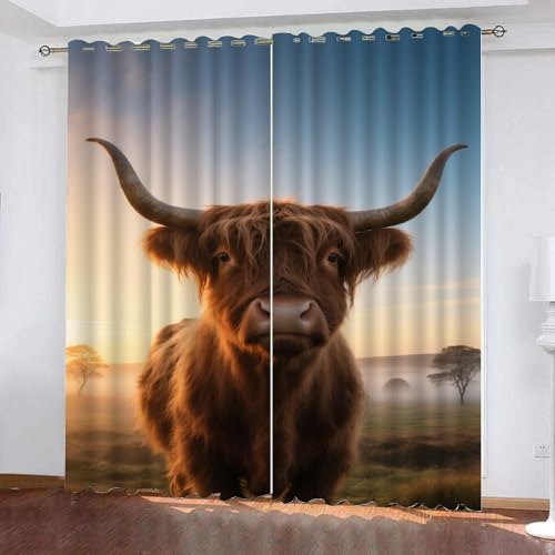 YNIOFU Hochlandrinder Wohnzimmer Verdunkelungsvorhänge, Bauernhof Kuh Schlafzimmer Vorhang Blickdicht, Westerntiere Kuh Ösen Schiebevorhänge, Bauernhoftiere Gardinen B 107 x H 214cm 2 Paneele von YNIOFU