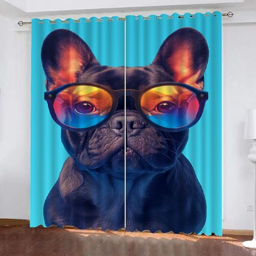 YNIOFU Hund Wohnzimmer Verdunkelungsvorhänge, Französische Bulldogge Schlafzimmer Vorhang Blickdicht, Cartoon-Welpe Ösen Schiebevorhänge, Tiere für Kinder Gardinen B 107 x H 214cm 2 Paneele von YNIOFU
