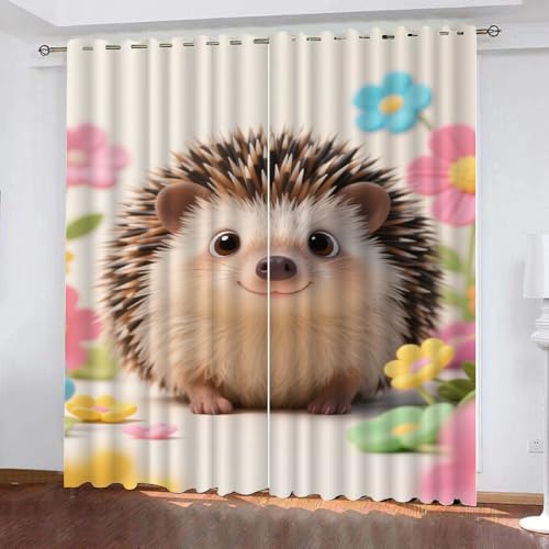 YNIOFU Igel Verdunkelungsvorhänge, Kinderblumen Schlafzimmer Gardinen, Cartoon-Tiere Ösen Schiebevorhänge, cremefarben Wärmeisolierend Blackout Vorhang B 117 x H 138cm 2 Paneele von YNIOFU